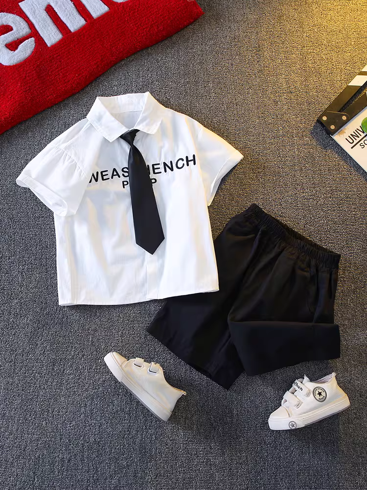 Bộ trang phục hè 2025 cho bé trai, kiểu dáng thời trang, phong cách học sinh, bộ hai mảnh ngắn tay