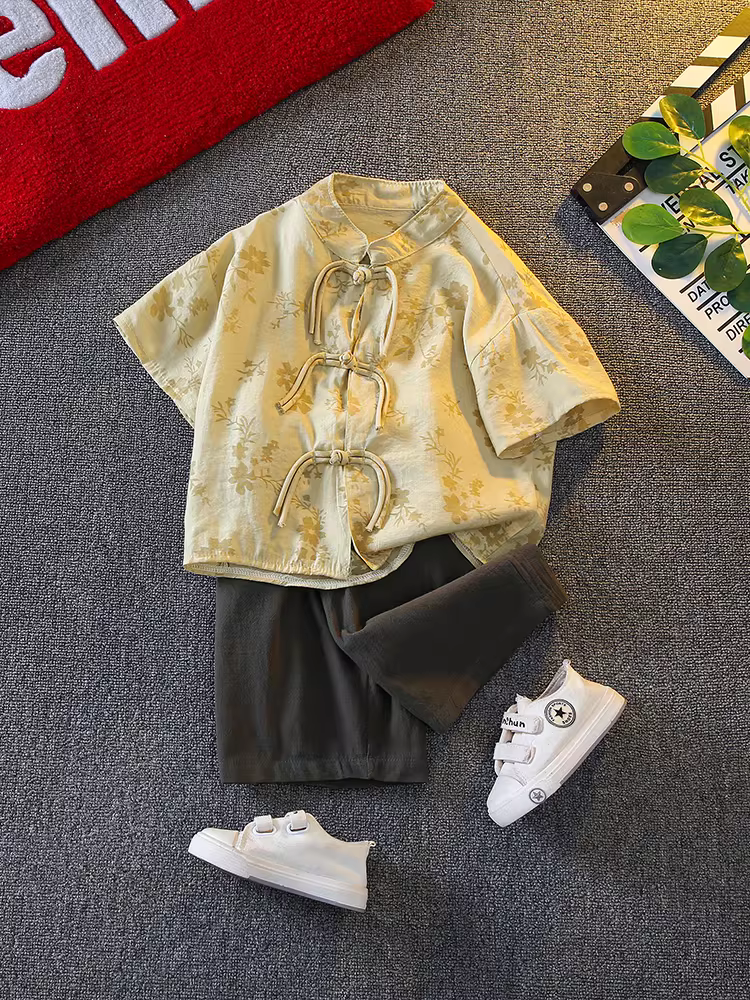 Bộ đồ mùa hè kiểu Trung Quốc mới năm 2025 dành cho bé trai, áo Hanfu ngắn tay, trang phục mùa hè thường ngày trẻ em thời trang, bộ đồ hai mảnh kiểu Tang dệt jacquard