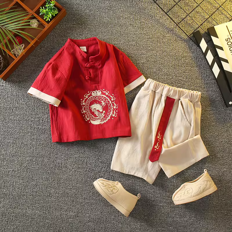 Bộ đồ hai mảnh bằng vải cotton và vải lanh phong cách Trung Quốc mùa hè dành cho bé trai Hanfu dành cho trẻ em Bộ đồ hai mảnh phong cách cổ xưa dành cho bé trai Bộ đồ phong cách cổ đại Tang phù hợp với trang phục biểu diễn trang trọng