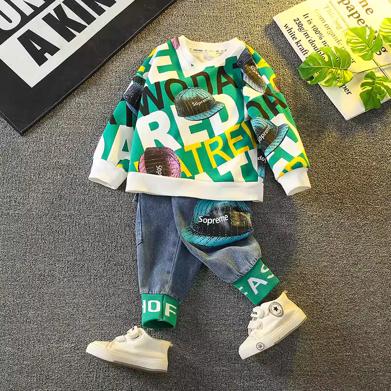 Bộ trang phục mùa xuân cho bé trai 2025, quần áo mùa thu thời trang mới cho trẻ sơ sinh và bé trai, áo nỉ trẻ em hợp xu hướng cho mùa xuân và mùa thu.