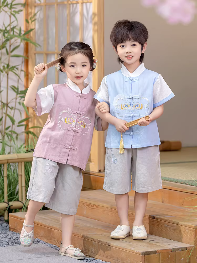Trang phục truyền thống Trung Quốc kiểu mỏng mùa hè dành cho bé trai Trang phục cổ xưa dành cho trẻ em Trang phục biểu diễn Bộ đồ Đường Phù hợp với bé Váy sinh nhật đầu tiên của bé Bộ vải lanh cotton