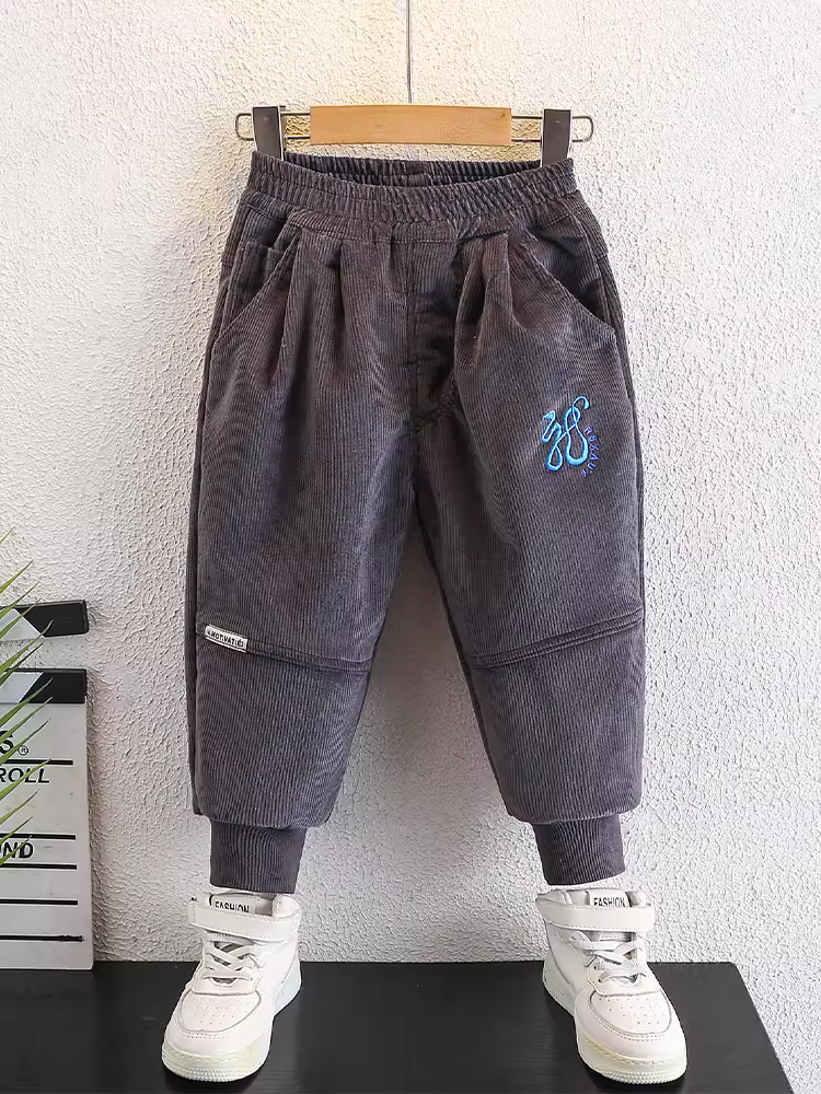 Quần bé trai thu đông 2025, quần dài nỉ dày giữ ấm chất liệu corduroy, kiểu dáng rộng rãi, tích hợp lớp lông cừu