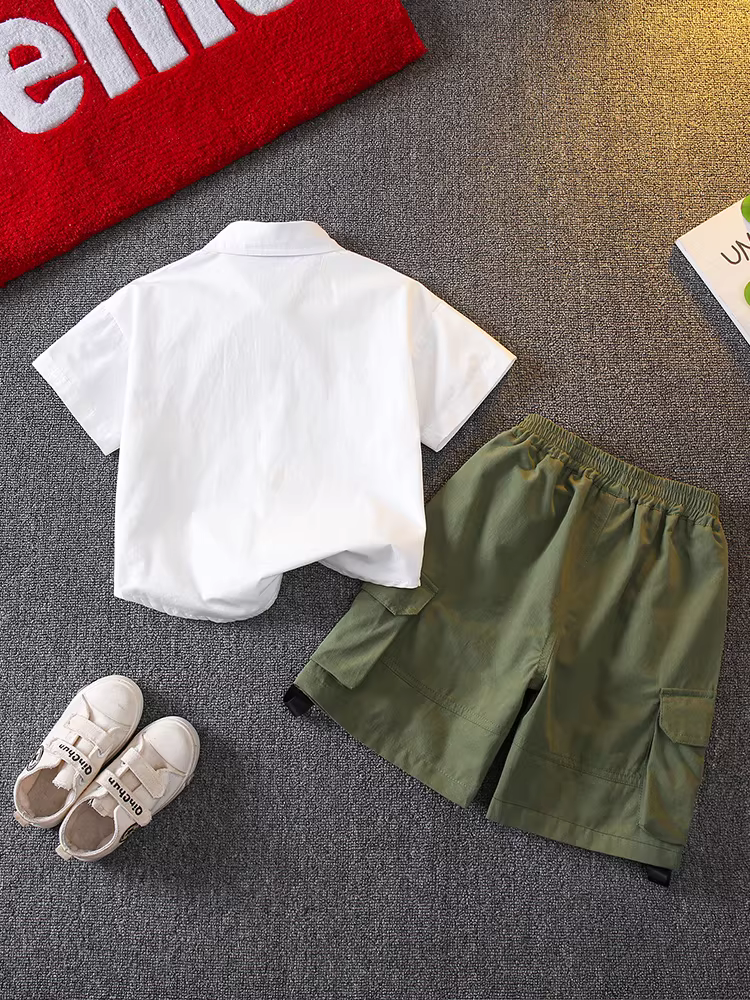 Bộ trang phục hè cho bé trai 2025, áo thun ngắn tay trẻ em mới, áo thun hoạt hình mùa hè cho bé, bộ quần yếm thời trang