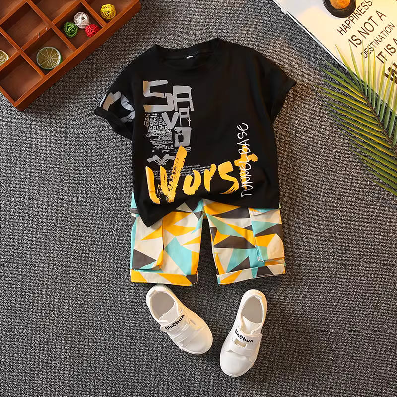 Bộ vest thời trang cho bé trai, quần áo mùa hè sành điệu, quần áo mùa hè mới cho bé năm 2024, bộ hai mảnh ngắn tay mùa hè cho trẻ em