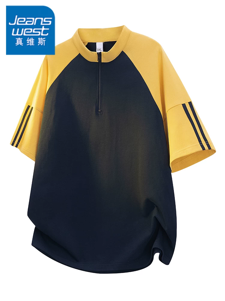 Áo thun nam Jeanswest kiểu Mỹ, phối màu, nửa khóa kéo, chất liệu cao cấp mùa hè, dáng rộng, đa năng, thoáng khí, tay ngắn.