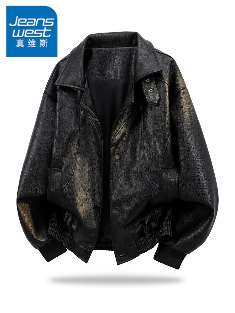 Áo khoác da phong cách retro Mỹ của Jeanswest dành cho nam, mùa xuân thu, áo khoác ngoài cao cấp, rộng rãi, thoải mái, cá tính.