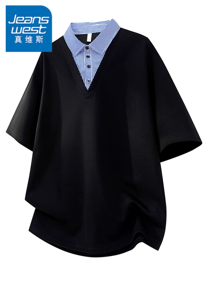 Áo thun giả hai lớp phối màu phong cách Mỹ của Jeanswest dành cho nam, kiểu dáng rộng rãi mùa hè, áo polo cao cấp thời thượng thoáng khí.