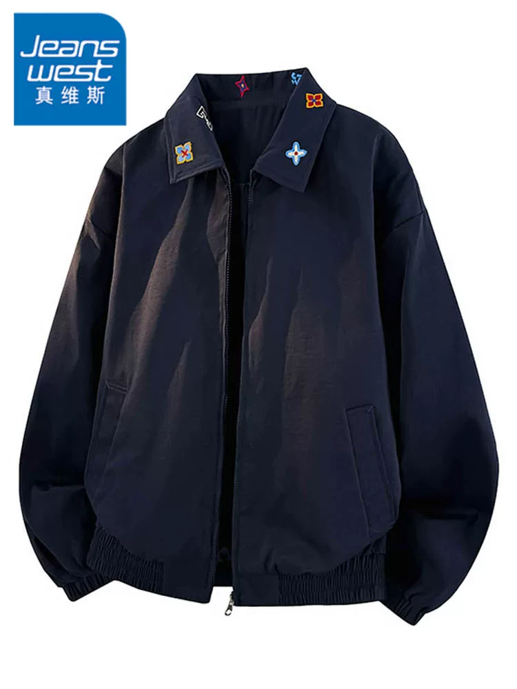Áo khoác nam Jeanswest kiểu Mỹ, chất liệu jacquard, phối cổ áo, mùa xuân thu 2026, kiểu dáng rộng rãi, phong cách casual, kiểu áo khoác bóng chày.