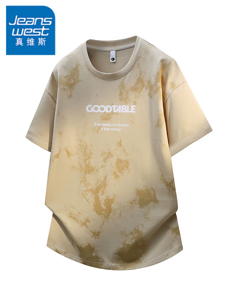 Áo thun nam cổ tròn kiểu Mỹ in chữ tie-dye của Jeanswest, kiểu dáng rộng rãi cao cấp mùa hè, tay ngắn thoáng mát và dễ chịu.