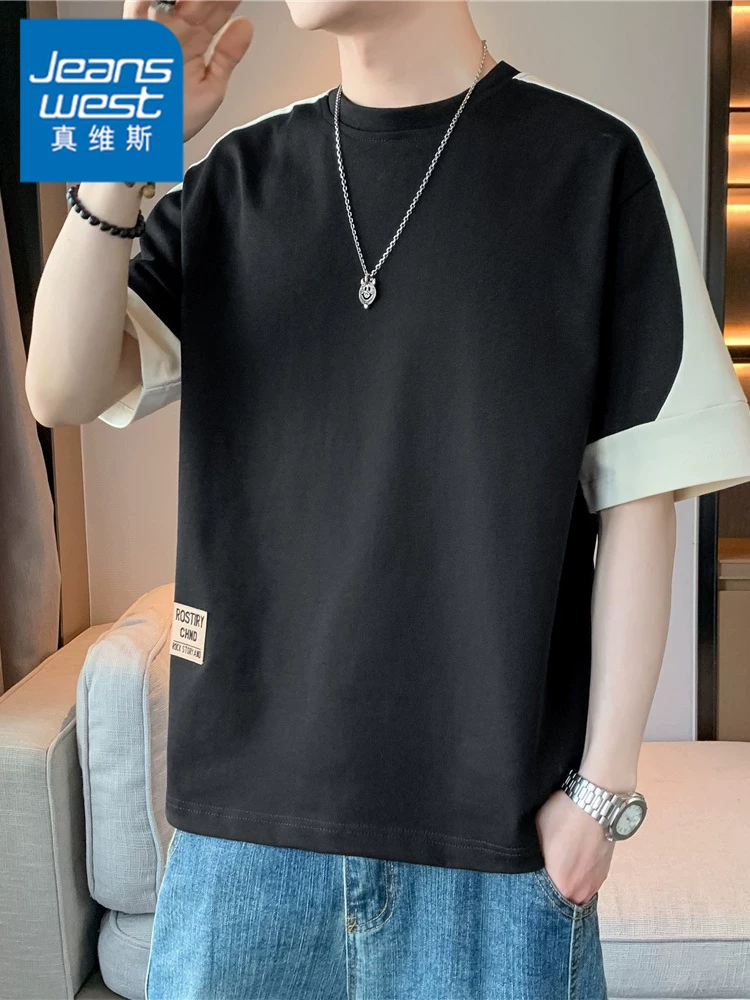 Áo thun cổ tròn phối màu cao cấp của Jeanswest dành cho nam, mùa xuân hè phong cách Mỹ, áo kiểu dáng rộng rãi, hợp thời trang, thương hiệu thời trang.