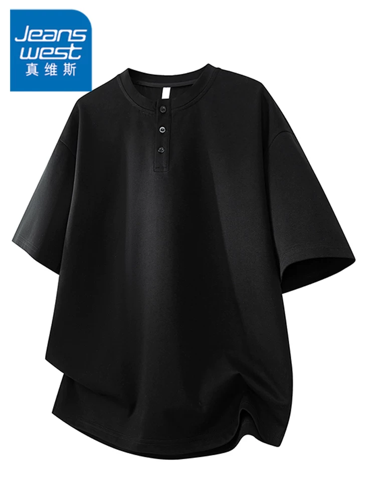 Áo thun nam cổ tròn cài nút màu trơn của Jeanswest, chất liệu cao cấp mùa hè, dáng rộng, thoáng khí, đa năng, tay ngắn mỏng.