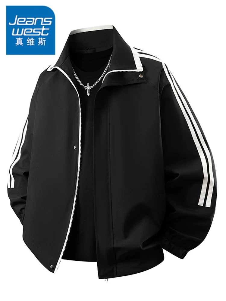 Áo khoác sọc cổ đứng cao cấp của Jeanswest dành cho nam, áo khoác màu đen chống gió dáng rộng phong cách Mỹ mùa xuân thu.