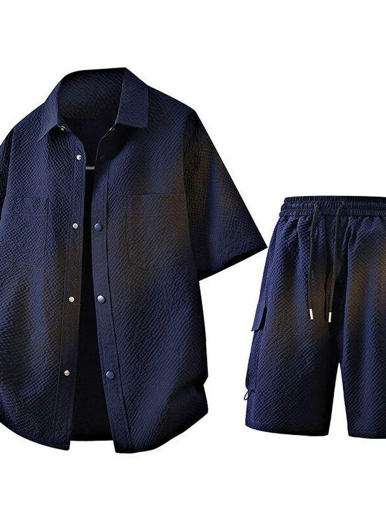Bộ vest thời trang Jeanswest chất liệu vải gạc bong bóng dành cho nam, mẫu mới hè 2025, gồm hai món, áo sơ mi ngắn tay thoáng khí, bộ đầy đủ.