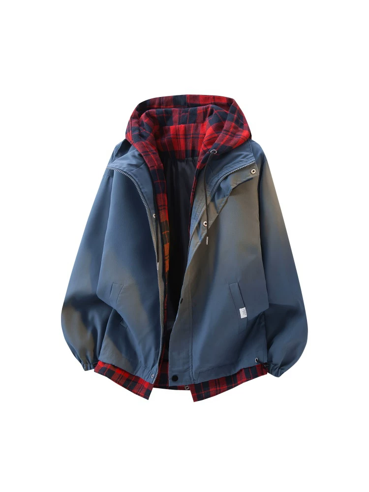 Áo khoác có mũ trùm đầu giả hai mảnh kẻ sọc màu sắc của Jeanswest dành cho nam giới, áo khoác ngoài phong cách cao cấp dáng rộng thường ngày mùa xuân và mùa thu.
