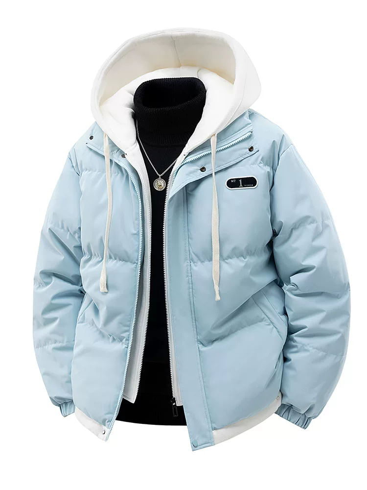Áo khoác cotton đa năng có mũ trùm đầu giả hai lớp của Jeanswest dành cho nam, áo khoác cotton dày mùa đông, áo khoác ngoài cotton ấm áp.
