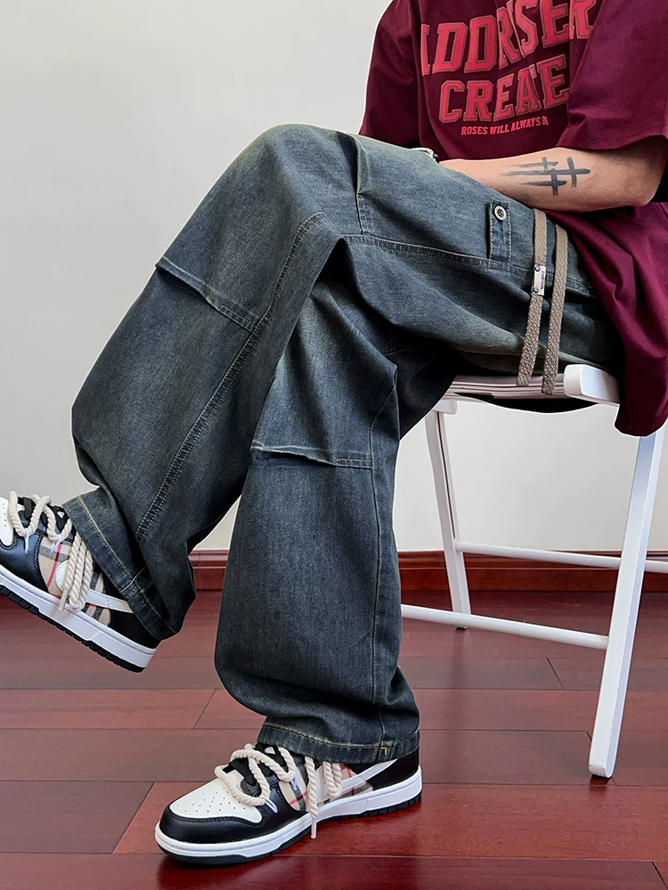 Quần jean xếp ly phong cách retro đường phố Mỹ của Jeanswest dành cho nam, quần thường ngày mỏng, rộng rãi, thoáng khí mùa hè.