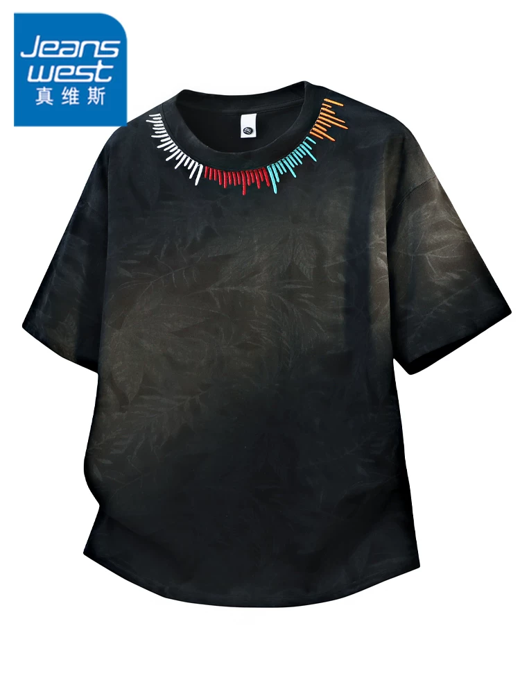 Áo thun thêu họa tiết tie-dye phong cách Mỹ của Jeanswest dành cho nam, kiểu dáng rộng rãi mùa hè, cảm giác cao cấp, thoáng khí, thân thiện với làn da, áo ngắn tay.
