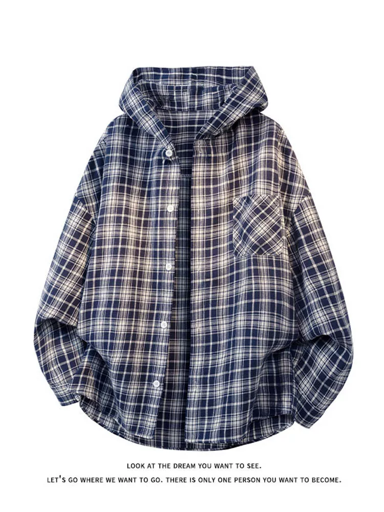 Áo sơ mi kẻ sọc có mũ trùm đầu phong cách retro của Jeanswest dành cho nam, mùa xuân thu, phong cách Mỹ, cao cấp, dáng rộng, giản dị, đa năng.