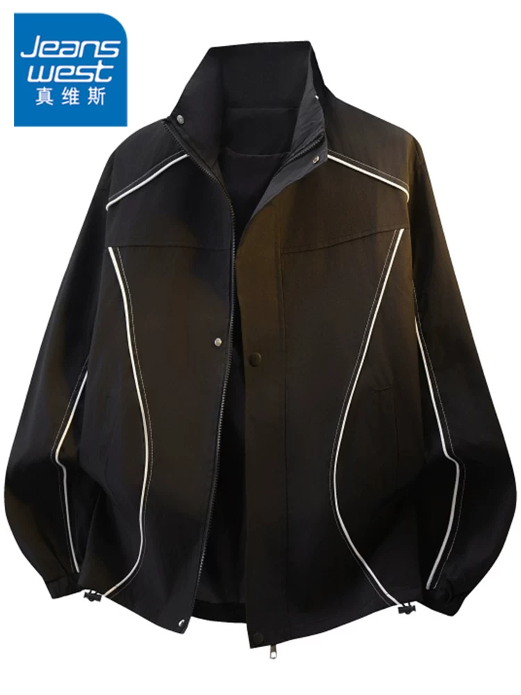 Áo khoác chắp vá cổ đứng thời thượng cao cấp của thương hiệu Jeanswest dành cho nam, áo khoác thường ngày chống gió dáng rộng phong cách Mỹ mùa xuân thu.