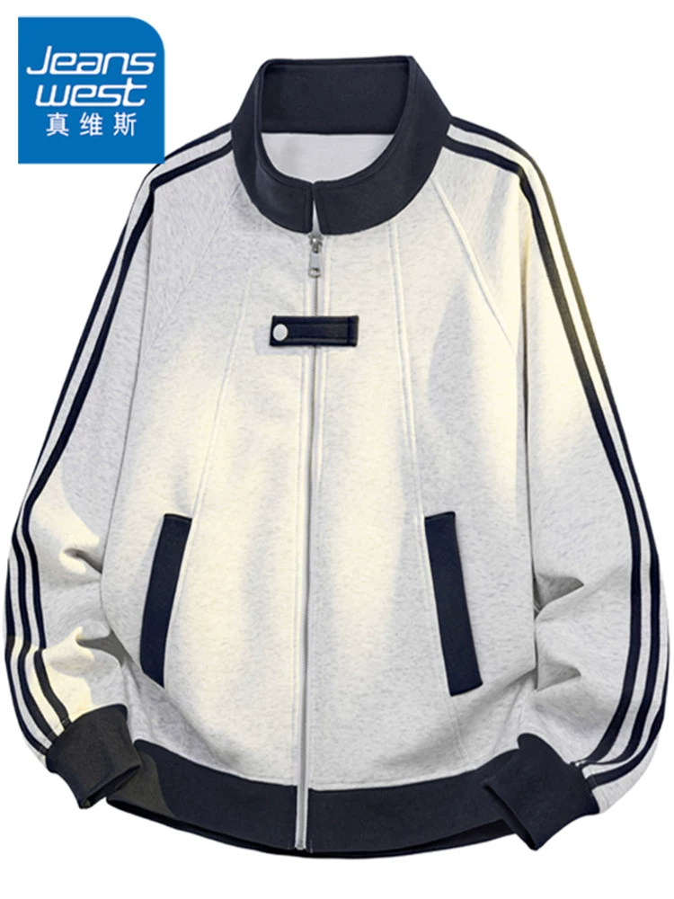 Áo khoác có khóa kéo sọc cổ đứng kiểu Mỹ của Jeanswest dành cho nam, mùa xuân thu, thương hiệu thời trang cao cấp, áo khoác ngoài dáng rộng thoải mái.