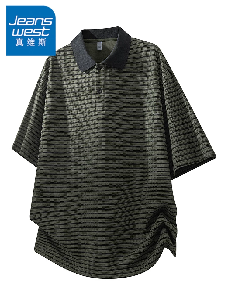 Áo thun polo sọc Jeanswest nam mùa hè dáng rộng cao cấp thoáng khí thân thiện với làn da tay ngắn