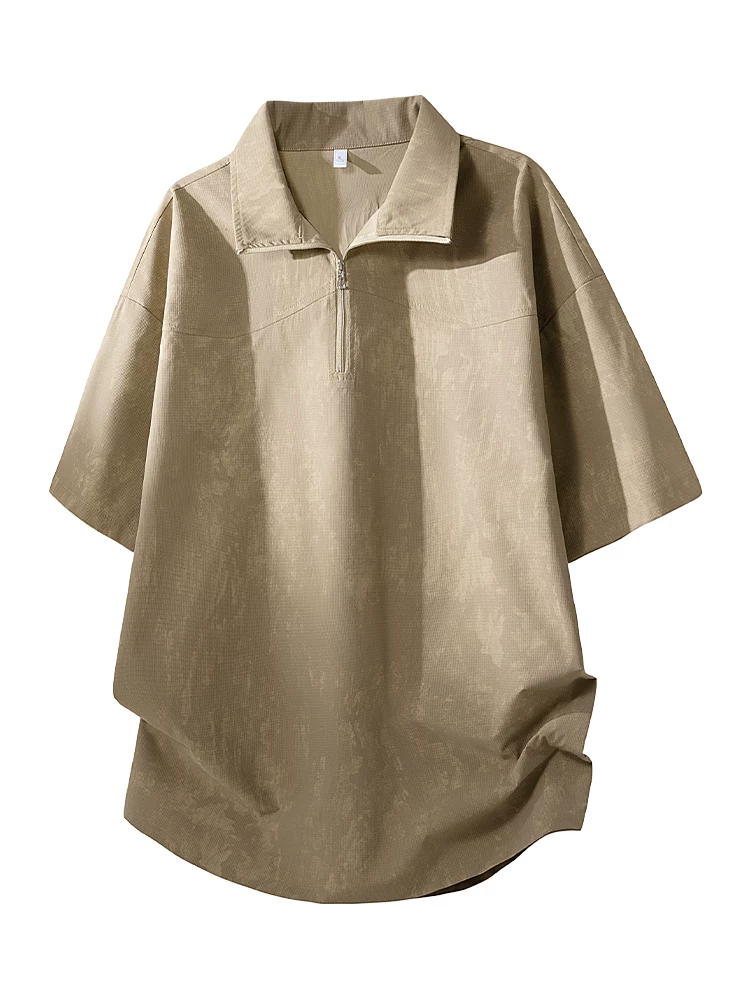 Áo thun nam kiểu Mỹ có cổ, nửa khóa kéo, phong cách thường ngày của Jeanswest, mùa xuân hè, tay áo năm phần tư, cảm giác cao cấp, tay áo ngắn rộng rãi.