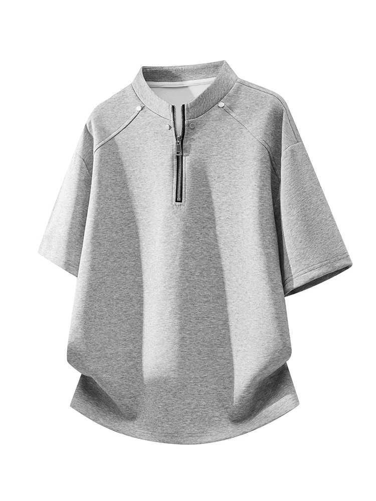 Áo thun nam Jeanswest kiểu Mỹ, nửa khóa kéo, đính đinh tán, chất liệu lụa băng, dáng rộng mùa hè, cảm giác cao cấp, thoáng khí, tay ngắn mỏng.