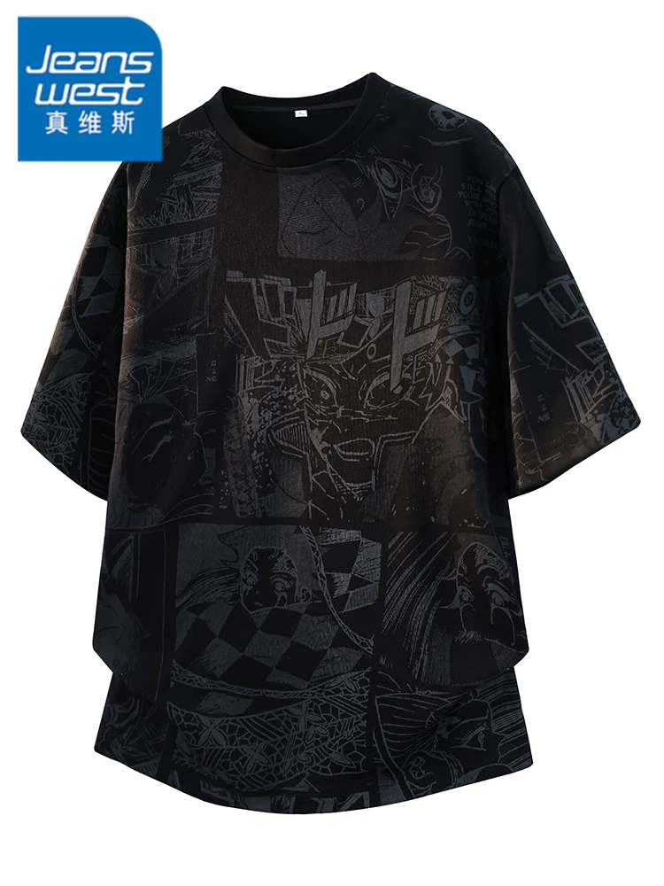 Áo thun in họa tiết graffiti nửa tay kiểu Mỹ của Jeanswest dành cho nam, mùa xuân hè, áo màu đen rộng rãi, thoáng khí, phong cách giản dị.