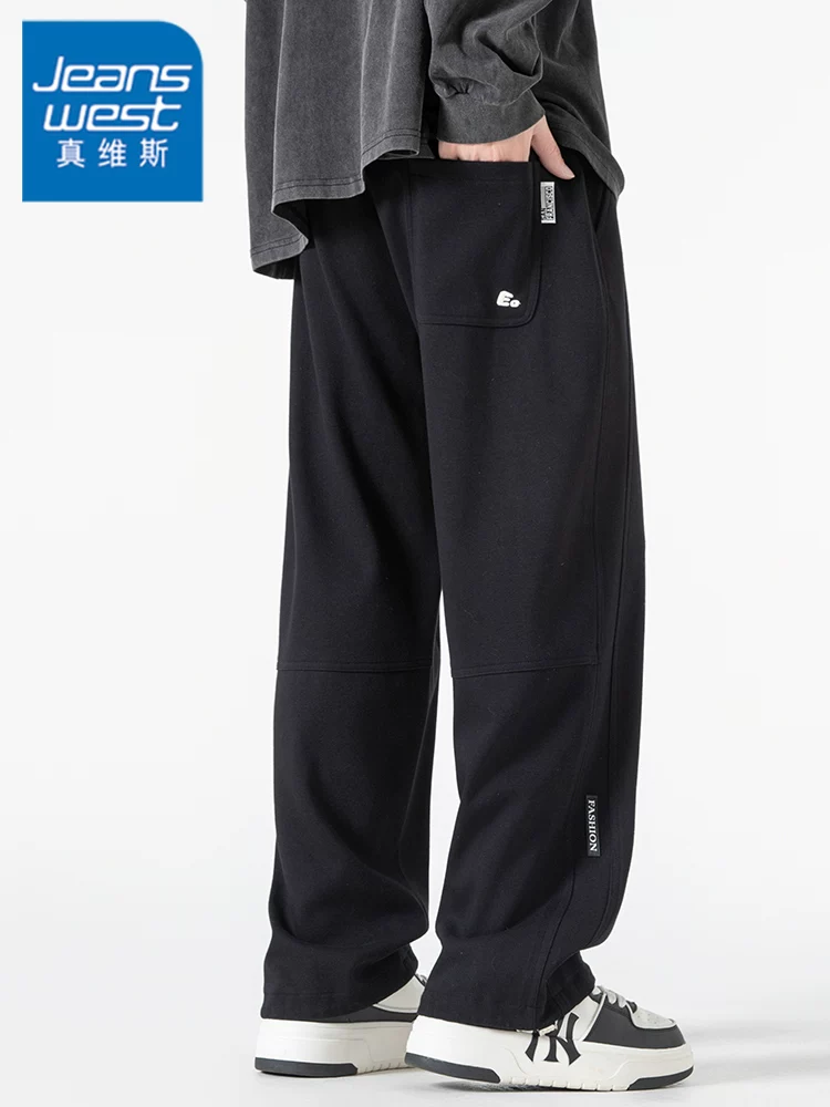Quần dài ống suông màu đen kiểu Mỹ của Jeanswest dành cho nam, mùa xuân thu, thương hiệu thời trang cao cấp, quần dài dáng rộng.