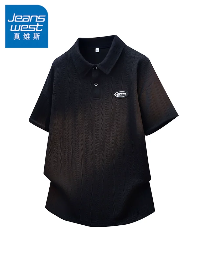 Áo thun nam Jeanswest kiểu Mỹ, chất liệu jacquard, cổ áo phối, cao cấp, mùa hè, dáng rộng, thoải mái, thoáng khí, tay ngắn.
