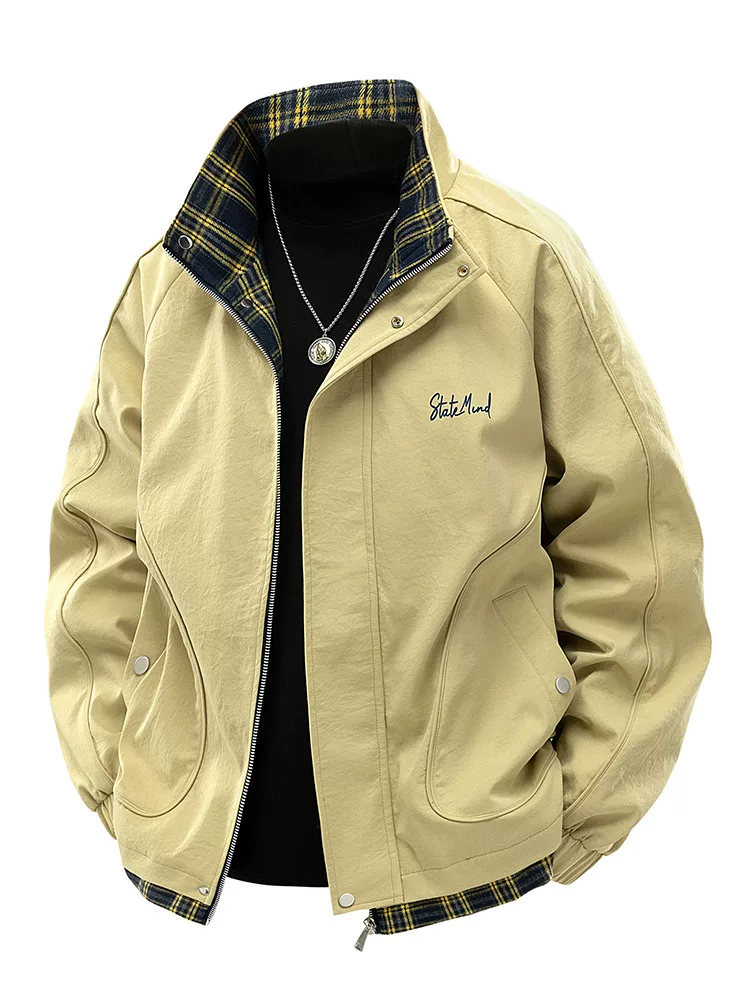 Áo khoác cổ đứng kẻ sọc giản dị phong cách Mỹ của Jeanswest dành cho nam giới, áo khoác công sở giả hai mảnh hợp thời trang mùa xuân.