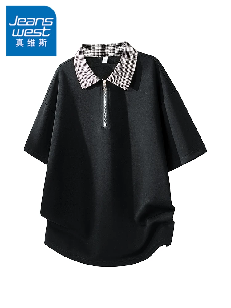 Áo thun ngắn tay cổ bẻ kẻ sọc giả hai mảnh phong cách Mỹ của Jeanswest dành cho nam, áo thun thương hiệu thời trang dáng rộng giản dị mùa xuân hè.