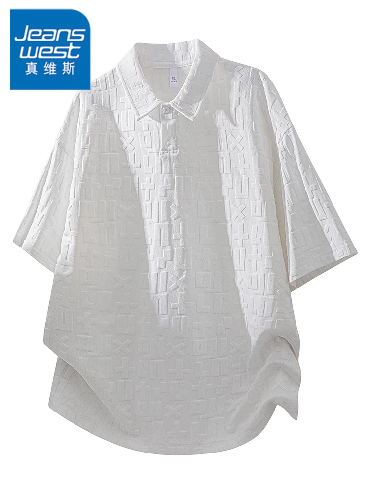 Áo sơ mi POLO dệt hoa văn màu trơn Jeanswest Áo thun nam mùa hè cao cấp dáng rộng thông thường thoáng khí thân thiện với làn da áo sơ mi ngắn tay