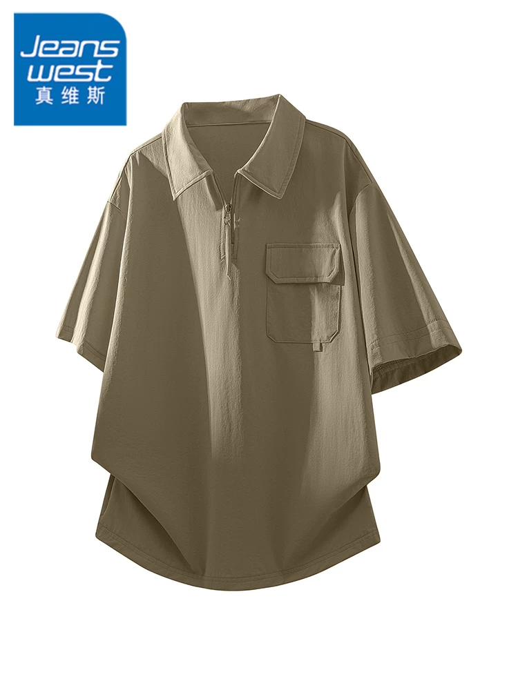 Áo polo nam Jeanswest kiểu Mỹ, màu trơn, nửa khóa kéo, tay ngắn mùa hè, chất liệu cao cấp, dáng rộng, đa năng.