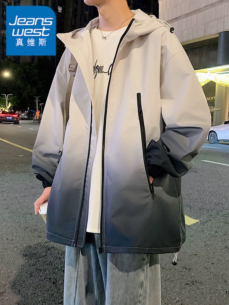 Áo khoác Jeanswest Gradient dành cho nam, mùa xuân thu, thương hiệu thời thượng, cảm giác cao cấp, dáng rộng, áo khoác có mũ, áo khoác ngoài nam.