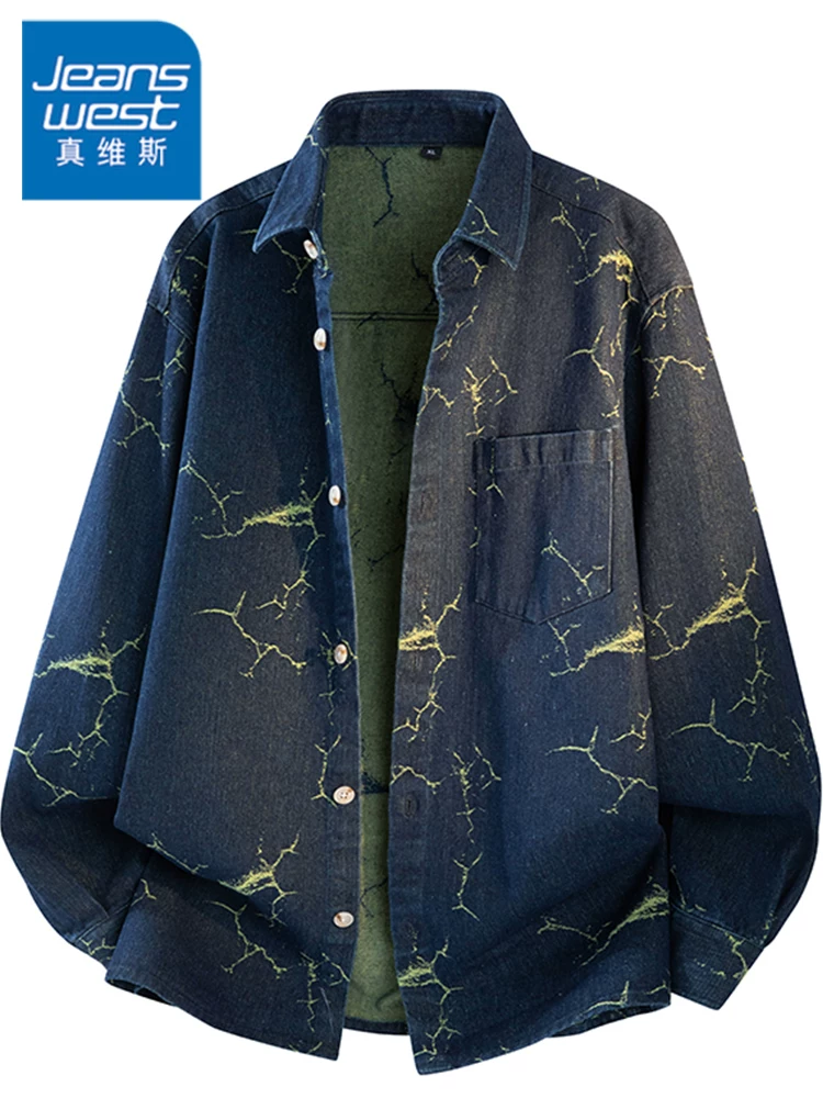 Áo sơ mi denim jacquard cao cấp của Jeanswest dành cho nam, mùa xuân thu, áo kiểu dáng rộng rãi, đa năng, cao cấp.