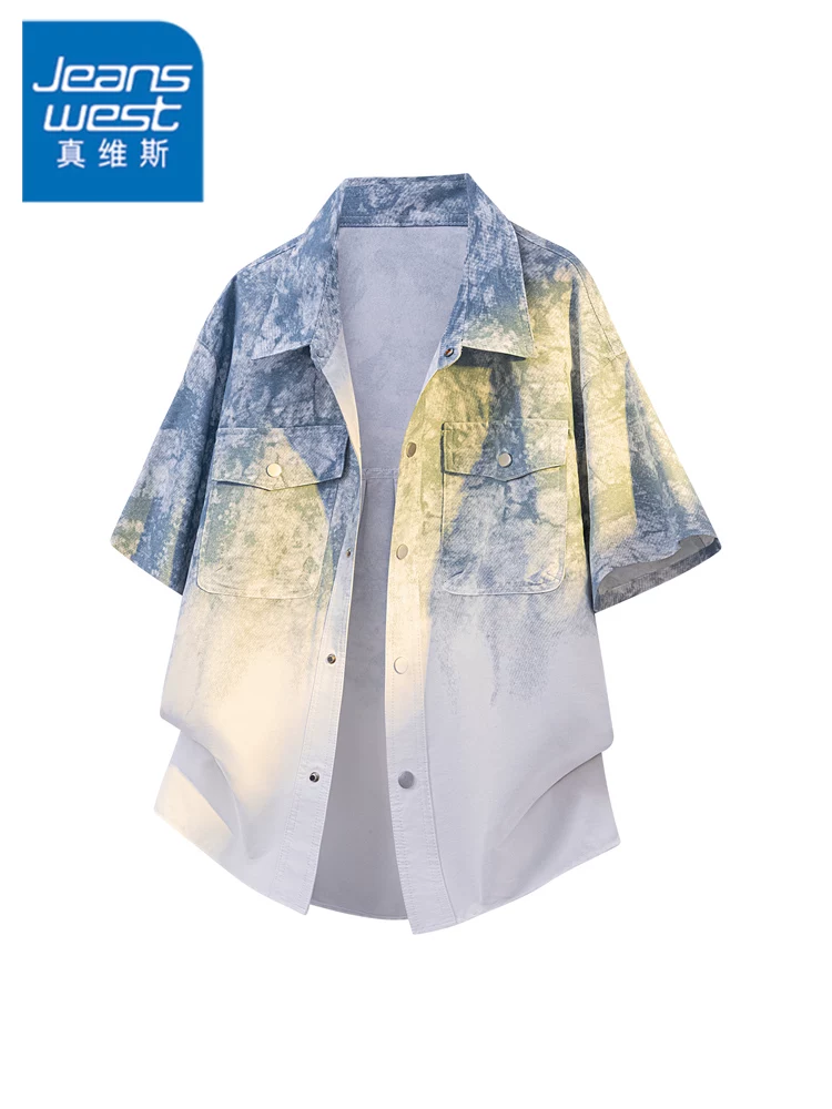 Áo sơ mi ngắn tay phối màu tie-dye phong cách Mỹ của Jeanswest dành cho nam, trang phục công sở cao cấp mùa hè, áo dáng rộng thương hiệu thời trang.