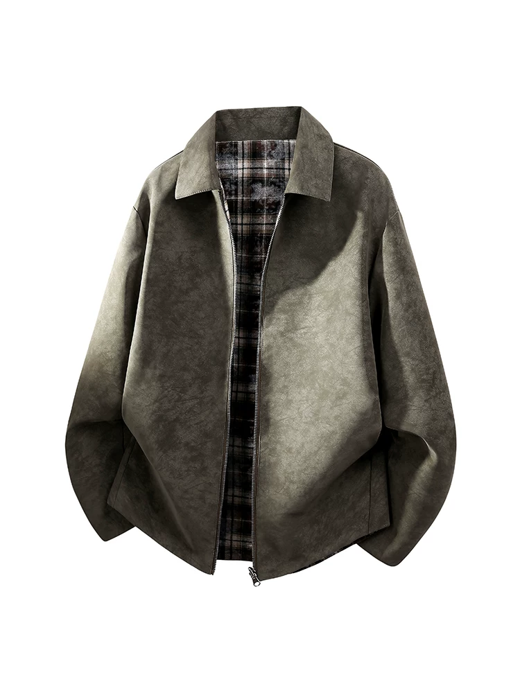 Áo khoác da PU có ve áo kiểu cổ điển có thể đảo ngược của Jeanswest dành cho nam giới, áo khoác màu đen dáng rộng thường ngày mùa xuân và mùa thu.