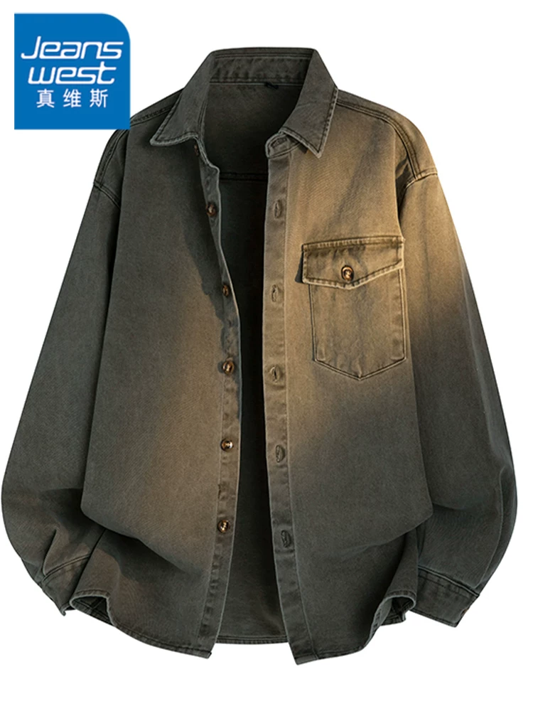 Áo sơ mi denim cổ bẻ 100% cotton nguyên chất phong cách retro của Mỹ dành cho nam giới, áo khoác thường ngày rộng rãi hợp thời trang mùa xuân thu.