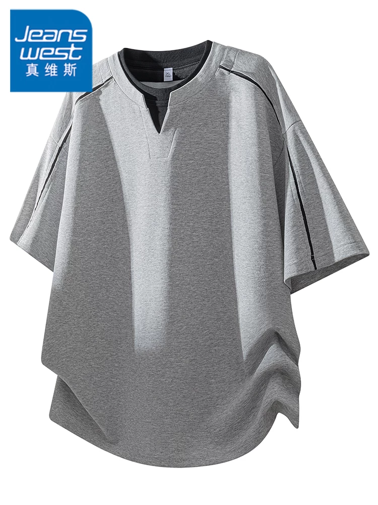 Áo thun cổ tròn phối màu hai mảnh phong cách thường ngày của Jeanswest dành cho nam, kiểu dáng rộng rãi mùa hè, cảm giác cao cấp, thoáng khí, tay ngắn thân thiện với làn da.