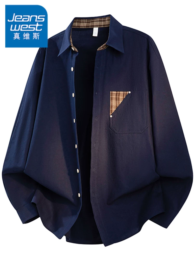 Áo sơ mi nam Jeanswest 2026 kiểu Mỹ phối màu, chất liệu cotton-linen, cổ trụ, dáng rộng, phong cách casual đa năng, thích hợp cho mùa xuân và mùa thu.