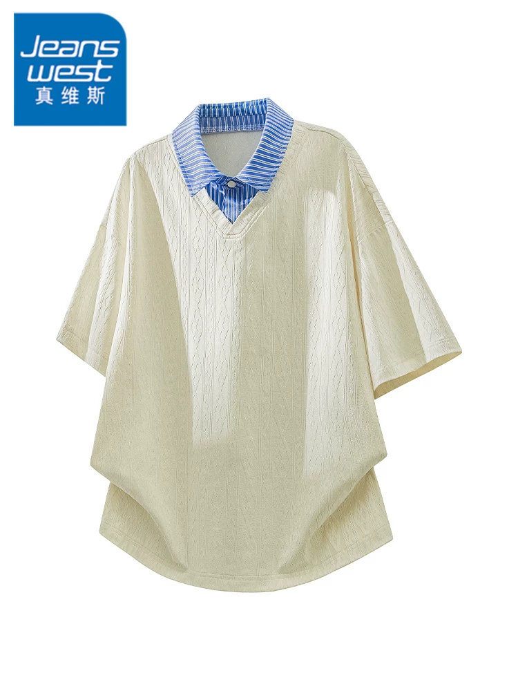 Áo thun nam Jeanswest kiểu Mỹ, phối màu jacquard sọc, dáng rộng mùa hè, thiết kế giả hai lớp, thoáng khí, thân thiện với làn da, tay ngắn.