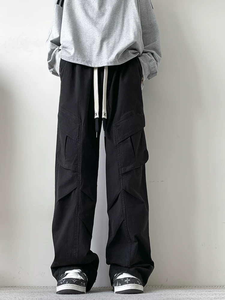 Quần dài công sở ống đứng 100% cotton nguyên chất màu xanh quân đội của Jeanswest dành cho nam, quần dài thường ngày nhiều túi dáng rộng mùa xuân thu.