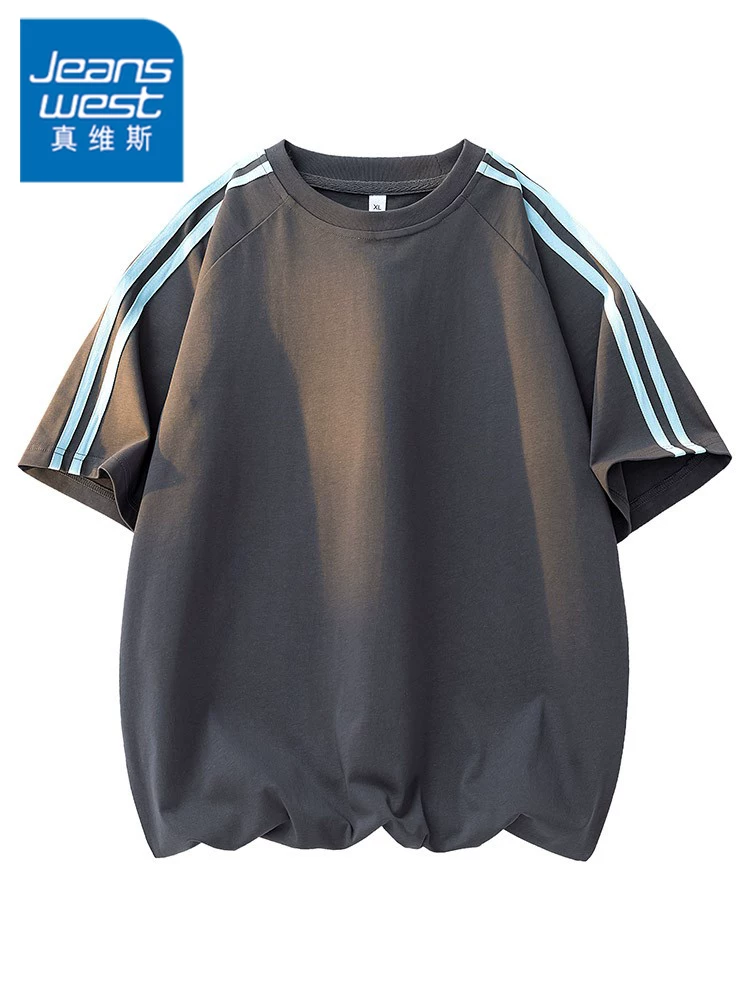 Áo thun nam Jeanswest kiểu Mỹ cổ điển, sọc kẻ, tay ngắn, mùa hè 2025, thương hiệu thời trang mới, thoáng khí, dáng rộng, tay lửng.