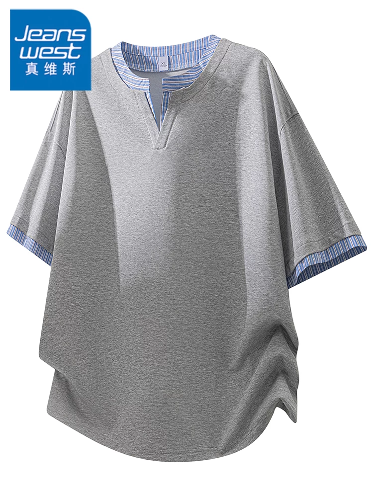 Áo thun giả hai mảnh cổ chữ V phong cách Mỹ của Jeanswest dành cho nam, áo thun ngắn tay dáng rộng, thời trang cao cấp mùa hè, thương hiệu thời trang cao cấp.