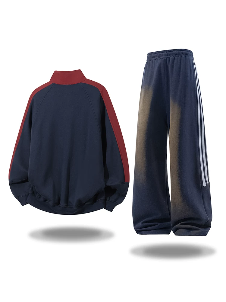 Bộ vest nam cổ đứng ba sọc phong cách Mỹ của Jeanswest, mùa xuân thu, bộ đồ thể thao hai mảnh cao cấp, rộng rãi, thoải mái.