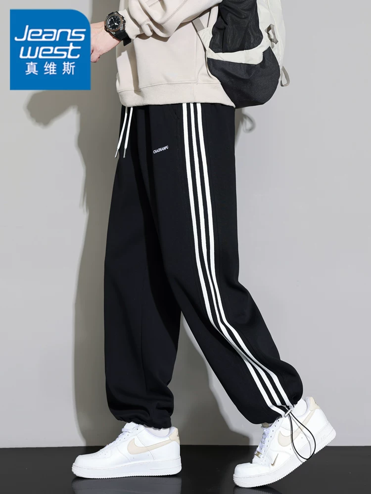 Quần dài nam Jeanswest kiểu Mỹ, ống đứng, ba sọc, phong cách thường ngày, mùa xuân thu, dáng rộng, thời trang và cao cấp.