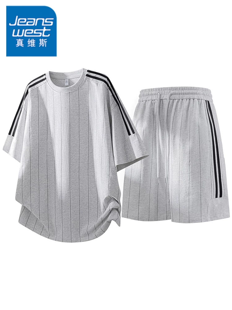 Bộ đồ ngắn tay cổ tròn kẻ sọc màu sắc phối hợp của Jeanswest dành cho nam, bộ đồ hai mảnh thể thao cao cấp mùa hè rộng rãi thoáng khí.