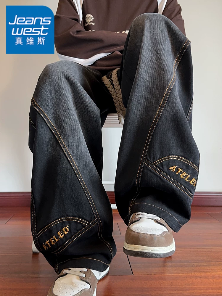 Quần jean ống rộng phong cách retro Mỹ của Jeanswest dành cho nam, mùa xuân và mùa thu, cỡ lớn, quần âu màu đen đa năng.