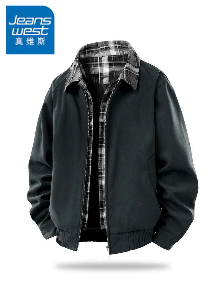 Áo khoác nam Jeanswest cao cấp giả hai lớp, phối họa tiết kẻ caro, kiểu dáng cổ điển, phong cách Mỹ, thích hợp cho mùa xuân và mùa thu.